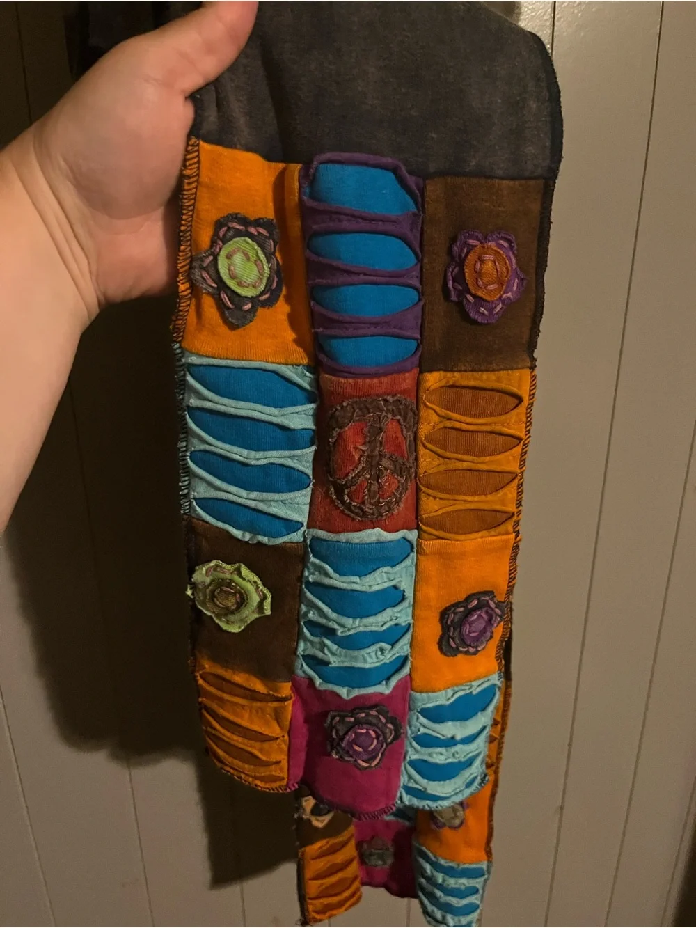 Boho acid wash black and patchwork quilted peace sign/floral scarf